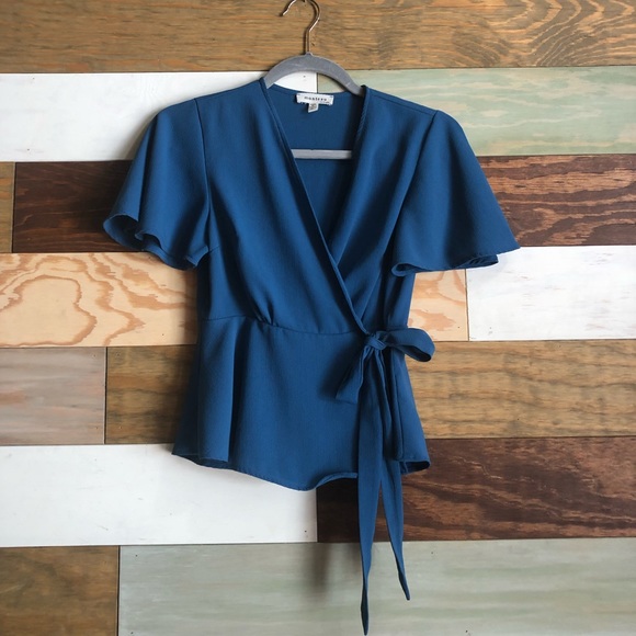 Monteau Tops - Blue tie front v-neck top